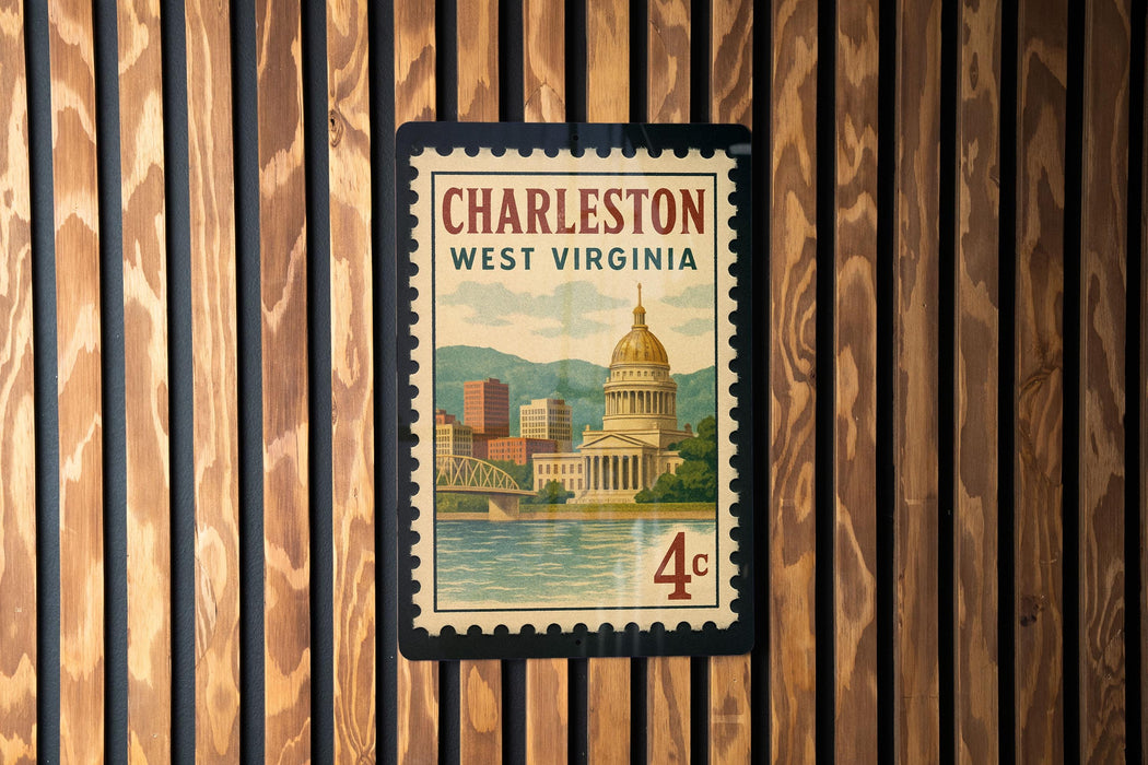 A vintage-style postage stamp from West Virginia featuring the Capitol Building in Charleston, with the text "CHARLESTON WEST VIRGINIA" prominently displayed.