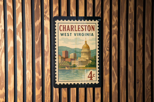 A vintage-style postage stamp from West Virginia featuring the Capitol Building in Charleston, with the text "CHARLESTON WEST VIRGINIA" prominently displayed.