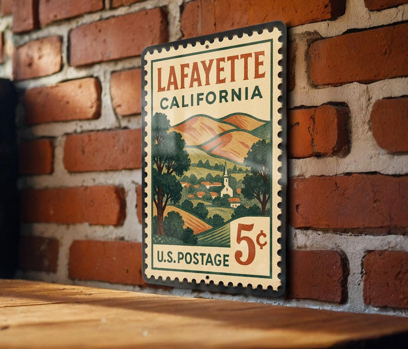 A vintage postage stamp from Lafayette, California, featuring a scenic landscape and the text "U.S. POSTAGE 5¢".