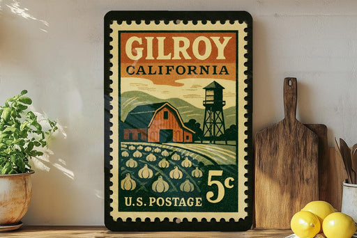 A vintage postage stamp from Gilroy, California, featuring a barn and a water tower, is displayed on a shelf next to a wooden cutting board and a potted plant.