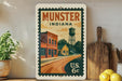 a vintage-style poster of Munster, Indiana, with a water tower and buildings depicted in a colorful illustration.