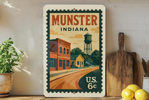 a vintage-style poster of Munster, Indiana, with a water tower and buildings depicted in a colorful illustration.