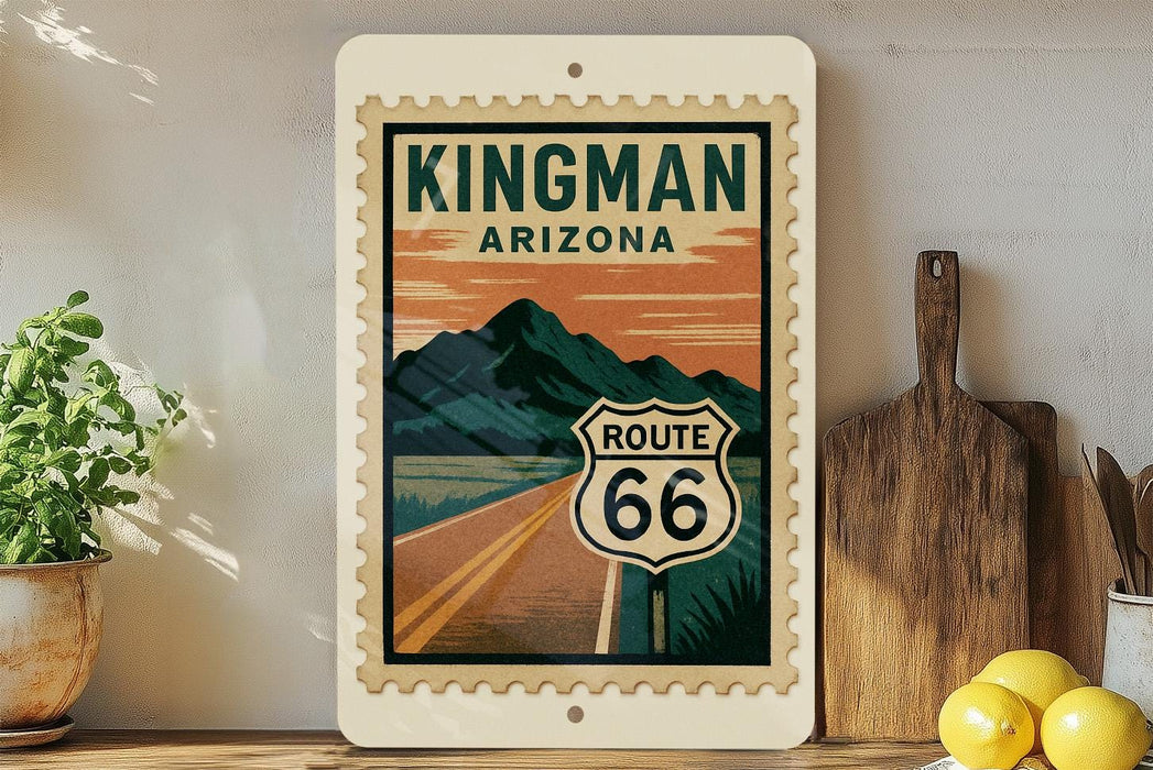 A framed poster of Route 66 in Arizona hangs on a wall, featuring a mountain landscape and the iconic Route 66 sign.