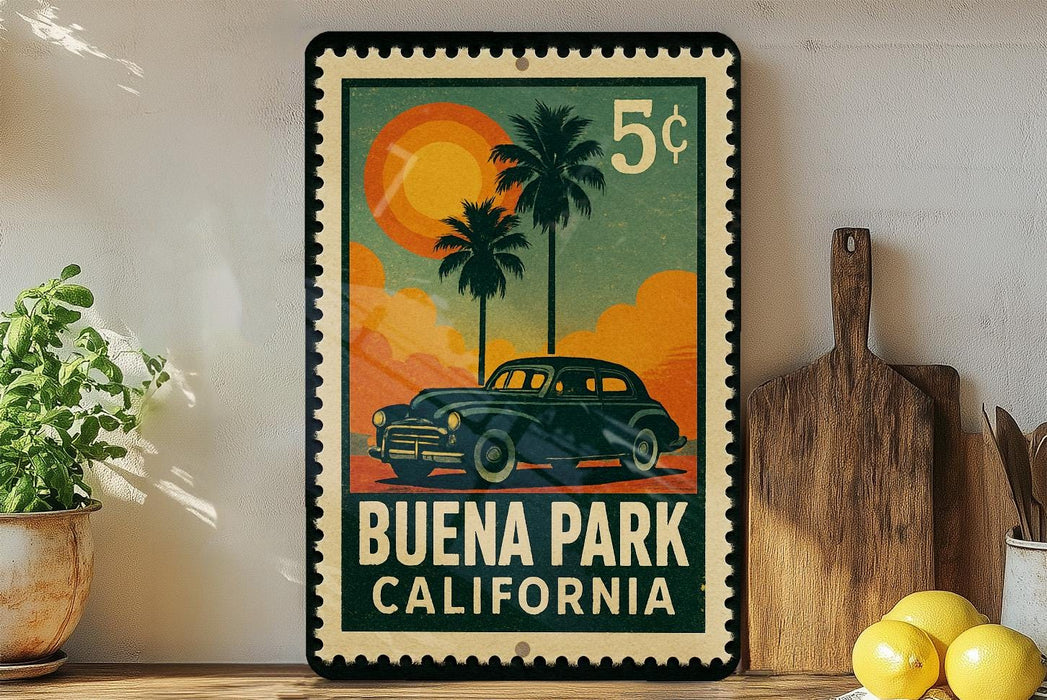 A vintage-style metal sign with a car illustration and the text "BUENA PARK CALIFORNIA" is displayed on a shelf, accompanied by a potted plant and a wooden cutting board.