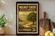A vintage-style postage stamp for Walnut Creek, California, featuring a scenic landscape with a tree and mountains. The stamp is displayed on a shelf next to a wooden cutting board and a potted plant.
