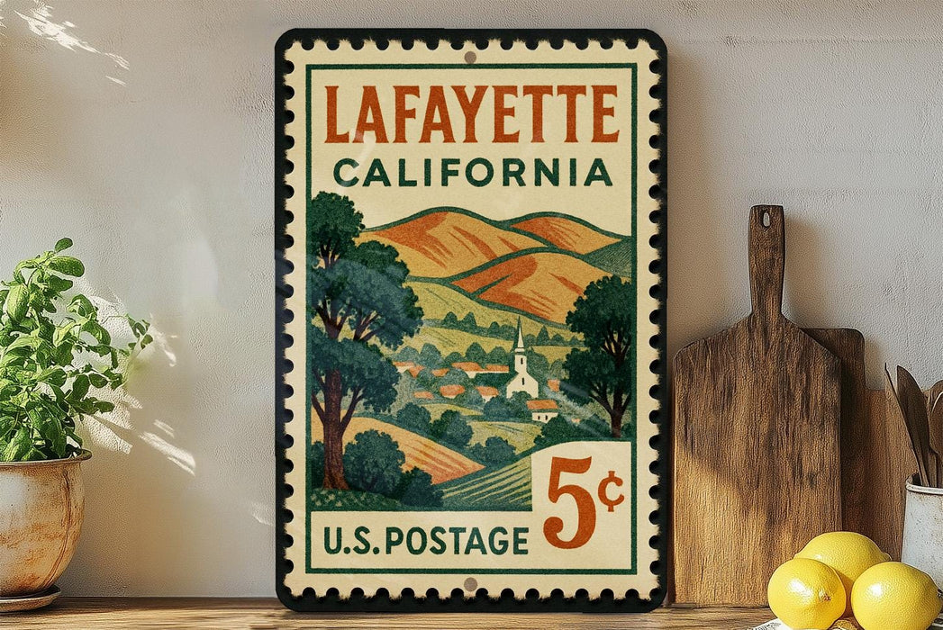 A vintage postage stamp from Louisiana, California, with a scenic illustration of a rural landscape and a church, displayed on a shelf next to a wooden cutting board and some lemons.