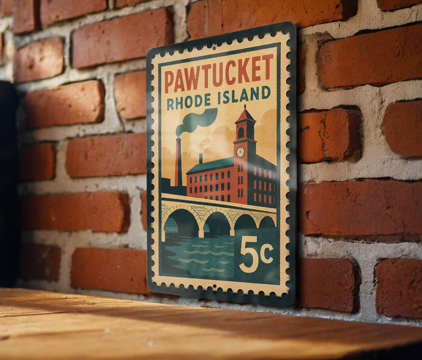 A vintage-style metal sign with a brick wall backdrop, featuring an illustration of a building and a bridge, and the text "Pawtucket Rhode Island" and "5c" indicating the price.