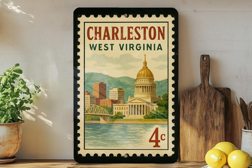 A framed vintage postage stamp depicting the Charleston, West Virginia capitol building, with a cityscape and water in the background.