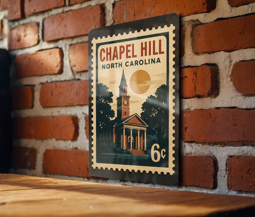 A vintage-style postage stamp featuring a church with a clock tower, mounted on a brick wall.