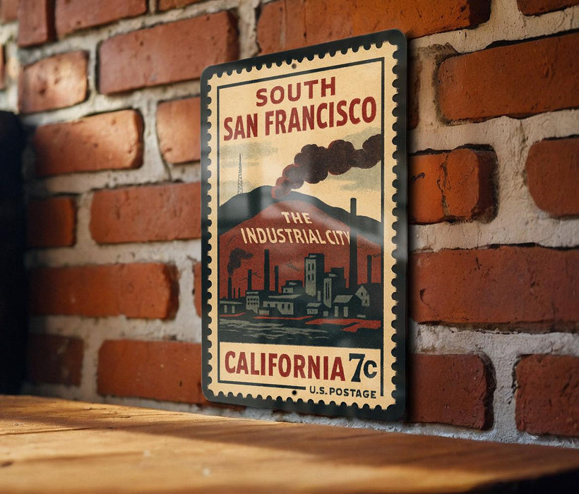 A vintage-style metal stamp depicting a cityscape with industrial buildings, hanging on a brick wall.