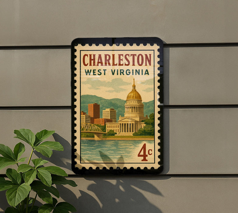 A vintage-style postage stamp from West Virginia, featuring the state capitol building and surrounding landscape.