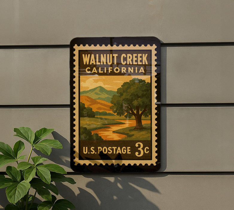 A vintage U.S. postage stamp depicting Walnut Creek, California, with a landscape of mountains and a river.