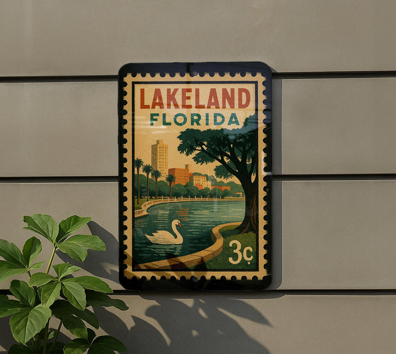 A vintage-style postage stamp from Lakeland, Florida, featuring a swan and a cityscape, is displayed on a wall.