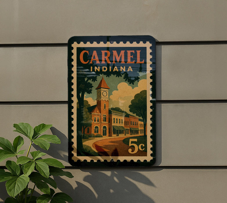A vintage-style postage stamp depicting a building with a clock tower, mounted on a wall next to a plant.