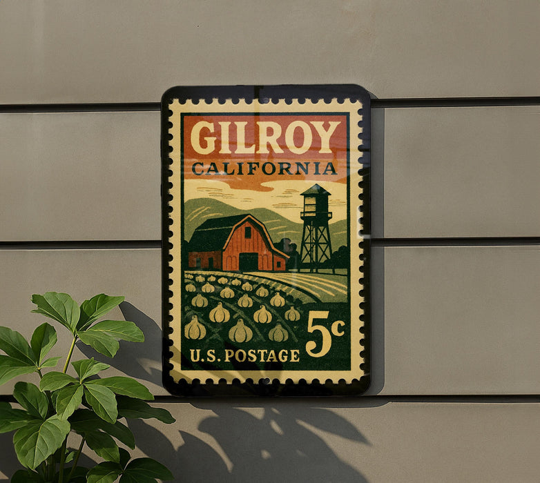 A postage stamp from Gilroy, California, featuring a barn and a water tower, mounted on a wall.
