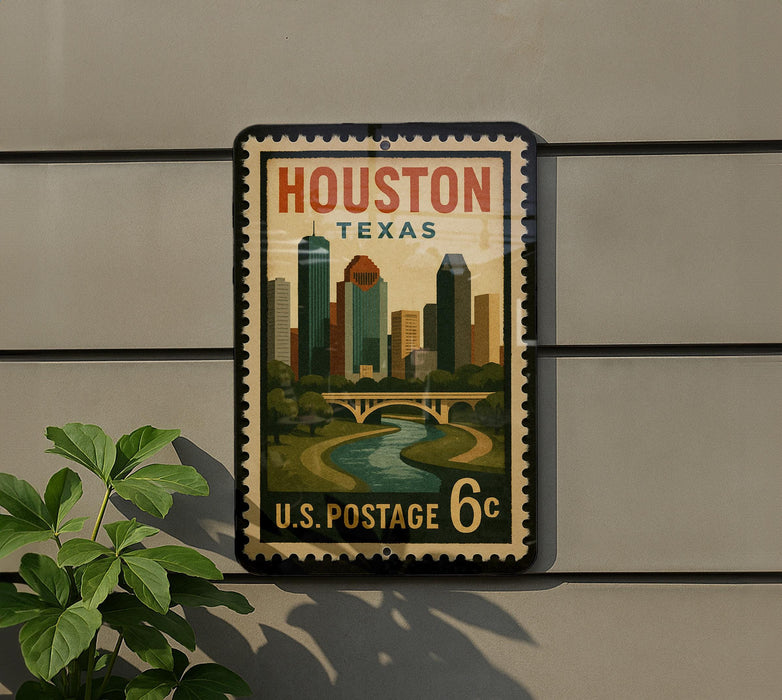 A vintage postage stamp from the United States, featuring an illustration of the Houston skyline and a river, mounted on a wall.