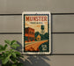 a vintage-style postage stamp from Munster, Indiana, with a depiction of a town and a water tower.
