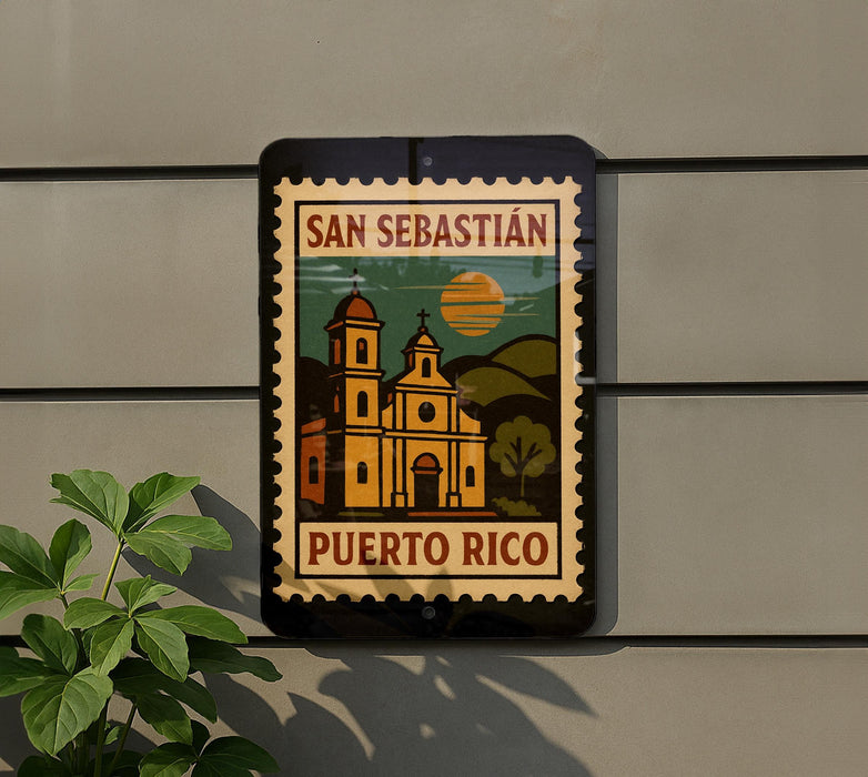 A sign displaying the name "SAN SEBASTIAN PUERTO RICO" with an illustration of a church and a sun in the background.