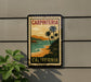A vintage-style sign for Carpinteria, California, featuring palm trees and a beach landscape.
