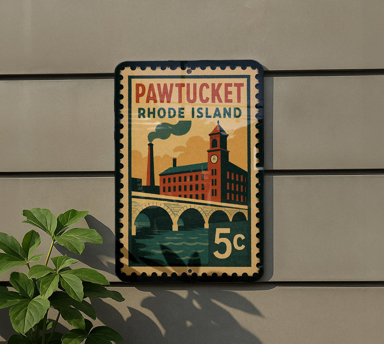 A vintage-style postage stamp depicting Pawtucket, Rhode Island, with a building and bridge in the background.