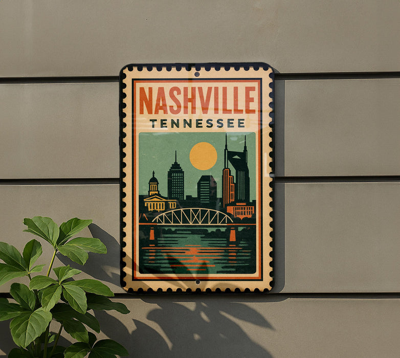 A vintage-style sign for Nashville, Tennessee, featuring a cityscape with a bridge and a sun in the sky.