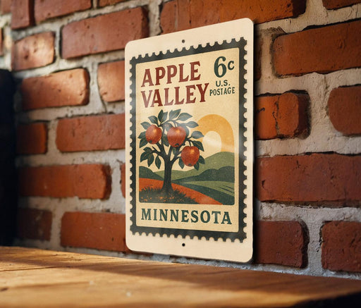 A vintage-style postage stamp from Minnesota, featuring an illustration of an apple tree with three apples, mounted on a brick wall.