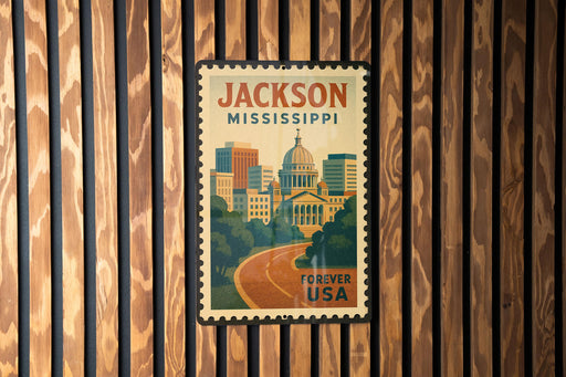 A vintage-style postage stamp from Jackson, Mississippi, featuring a cityscape and the text "FREVER USA" on a wooden background.