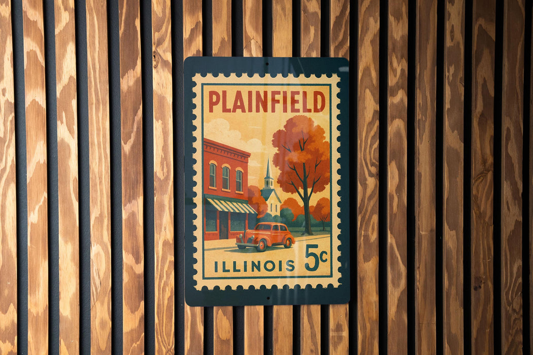 A vintage postage stamp from Illinois, featuring a building and a tree, is displayed on a wooden wall.