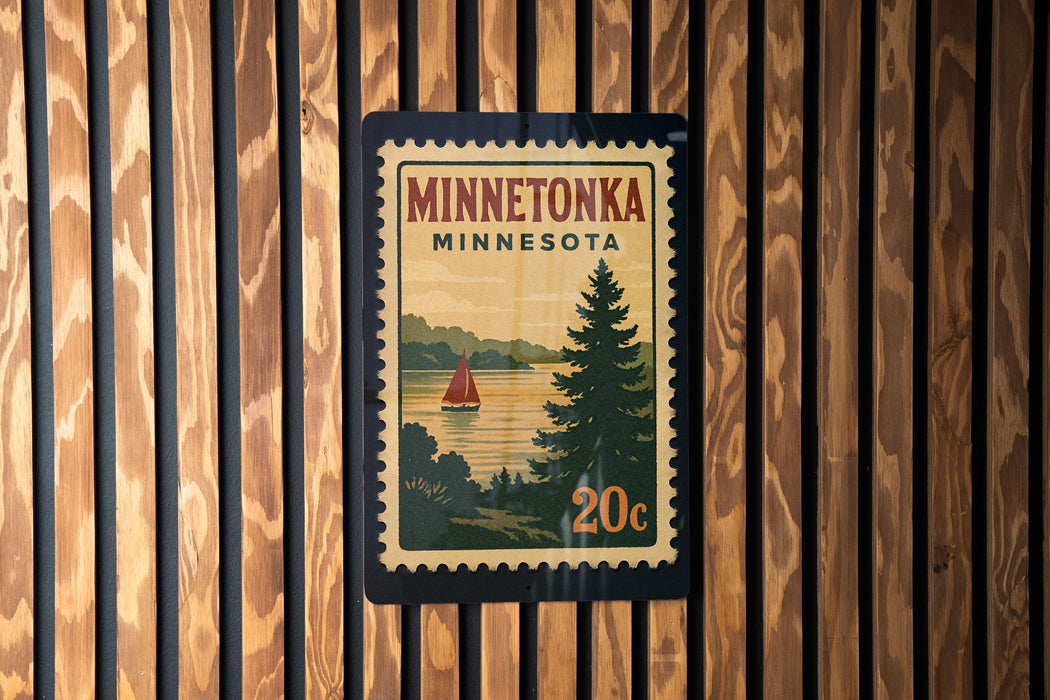 A Minnesota postage stamp with a scenic landscape of a lake and pine trees, mounted on a wooden wall.