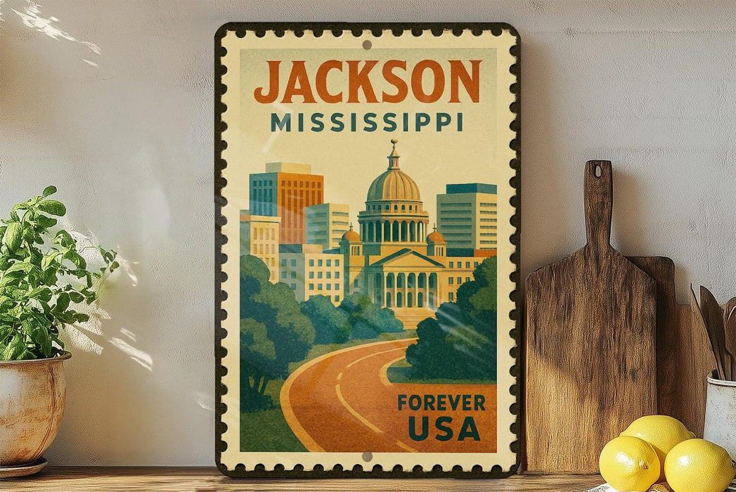 A framed vintage-style poster of Jackson, Mississippi, with a cityscape and a road, is displayed on a shelf next to a wooden cutting board and some lemons.