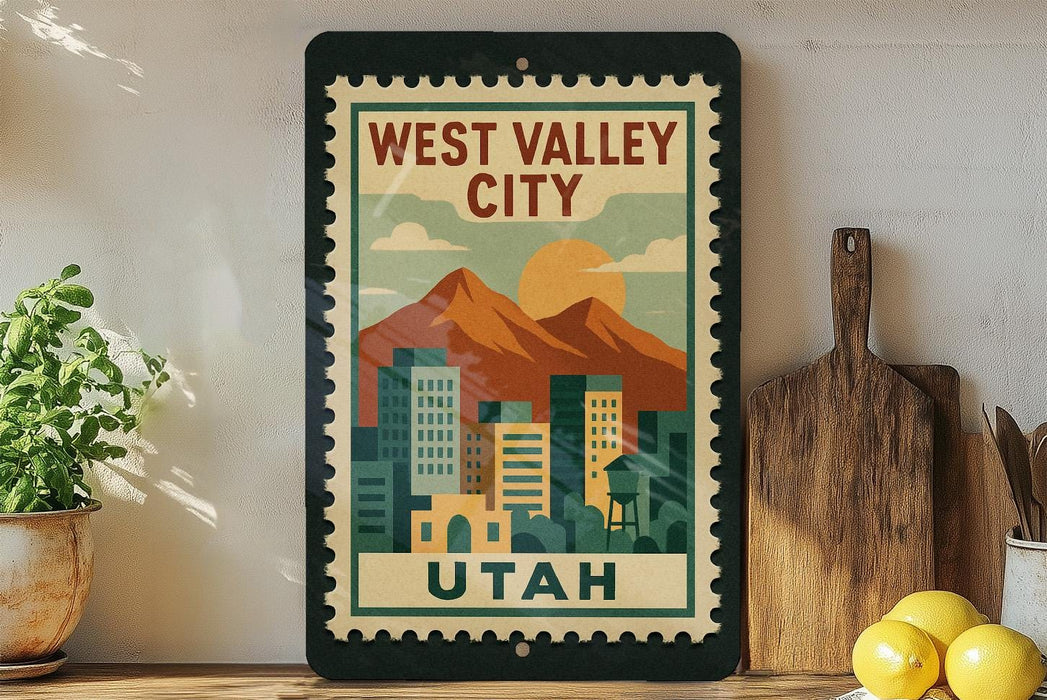 A framed poster of West Valley City, Utah, featuring a mountain landscape and cityscape.