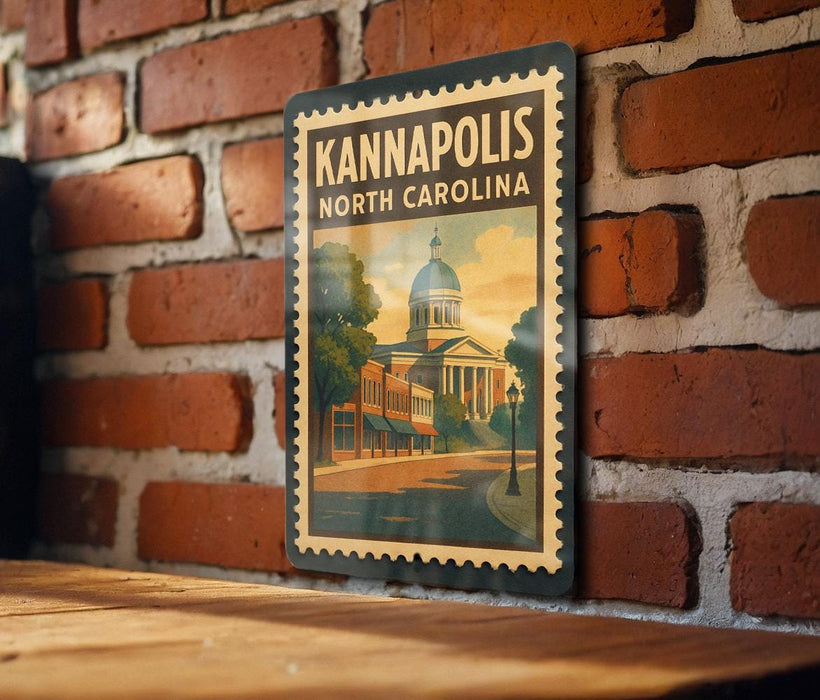 A vintage-style poster of the Kannapolis, North Carolina city, featuring a domed building and a street scene, is displayed on a brick wall.
