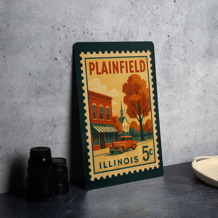 A vintage postage stamp from Illinois, featuring an illustration of a small town with a church, a car, and a tree.