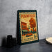 A vintage postage stamp from Illinois, featuring an illustration of a small town with a church, a car, and a tree.
