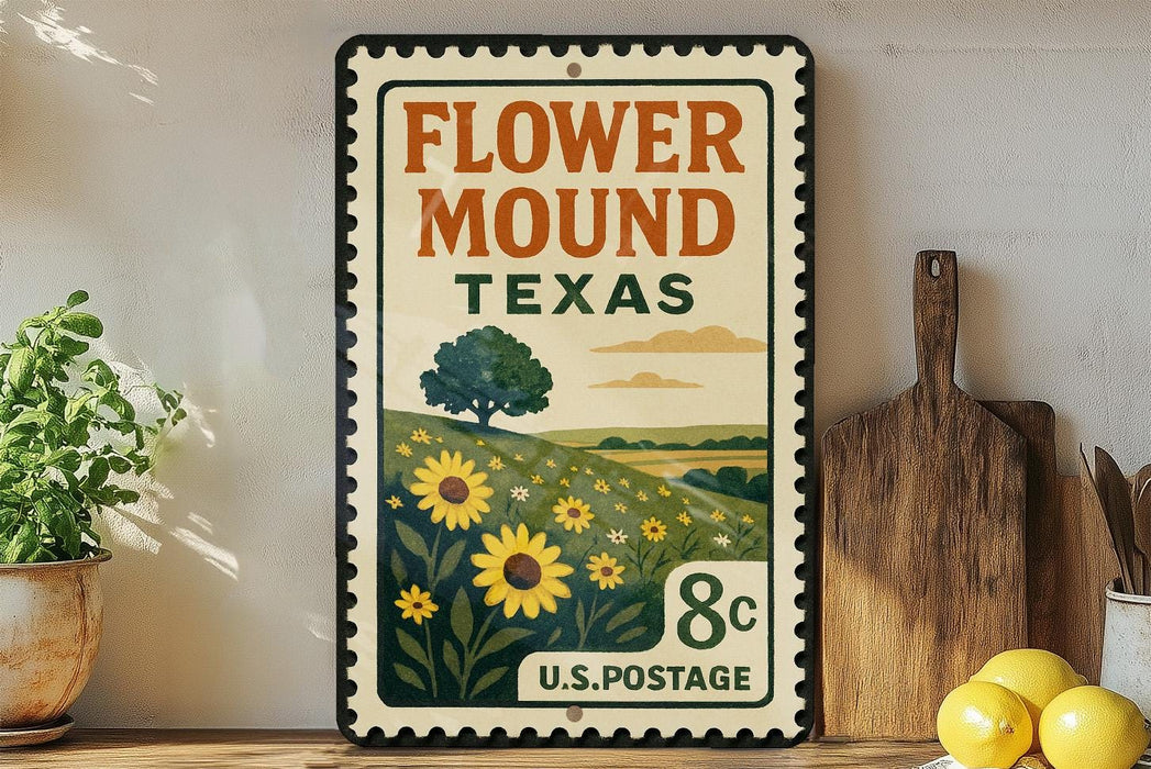 A vintage-style metal sign with a floral design and text, placed on a wooden surface next to a wooden cutting board and some potted plants.