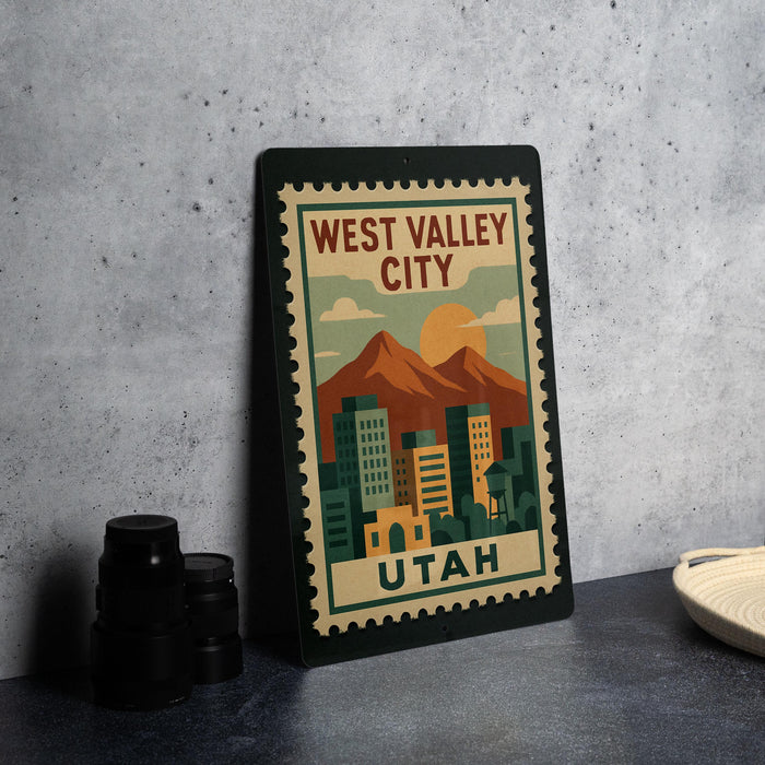 A framed poster of West Valley City, Utah, featuring a mountain landscape and city buildings.