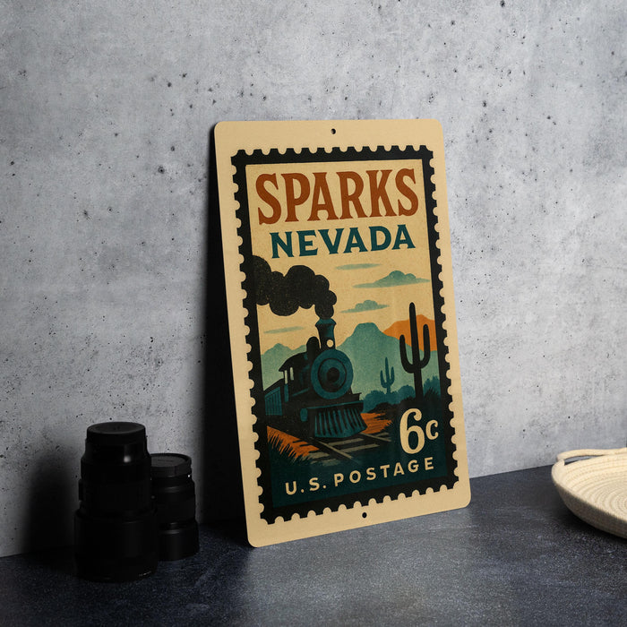 A vintage-style postage stamp from Sparks, Nevada, featuring a train and desert landscape.