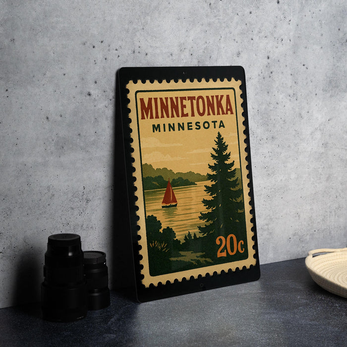 A framed poster of Minnetonka, Minnesota, featuring a sailboat on a lake, is displayed on a countertop next to some black camera lenses.