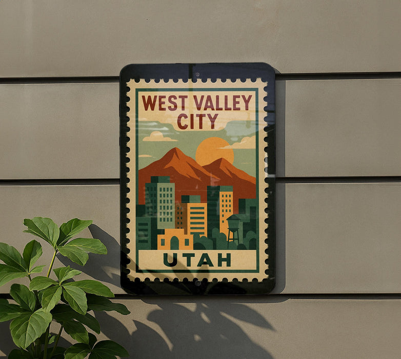 A sign for West Valley City, Utah, featuring a stylized illustration of the cityscape with mountains in the background.