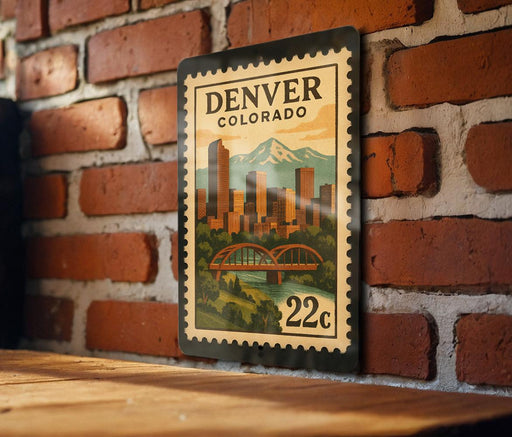 A metal postage stamp featuring a cityscape of Denver, Colorado, with a bridge and mountains in the background.