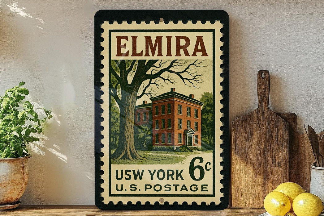 A vintage-style postage stamp from the United States Postal Service, featuring an illustration of a brick building with a tree in the foreground. The stamp is mounted on a wall next to a wooden cutting board and a potted plant.