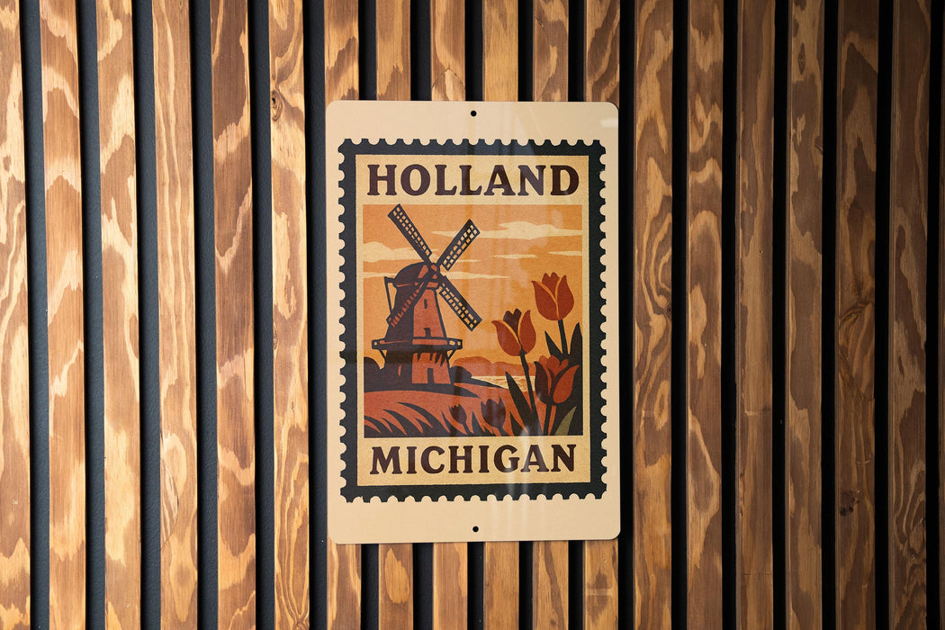 A sign with the text "HOLAND MICHIGAN" and an illustration of a windmill and tulips, mounted on a wooden wall.