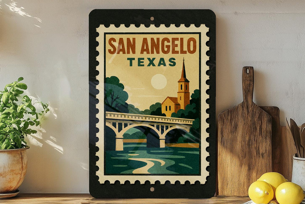 A framed poster of a bridge and trees, with the text "SAN ANGELO TEXAS" displayed prominently.
