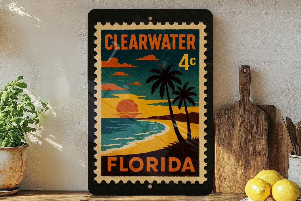 A framed poster of a beach scene with palm trees and a sunset, depicting Clearwater, Florida.