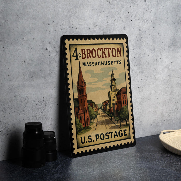 A vintage postage stamp from the United States, featuring an illustration of a town with a church and a clock tower, along with the text "4 BROCKTON MASSACHUSETTS U.S. POSTAGE".
