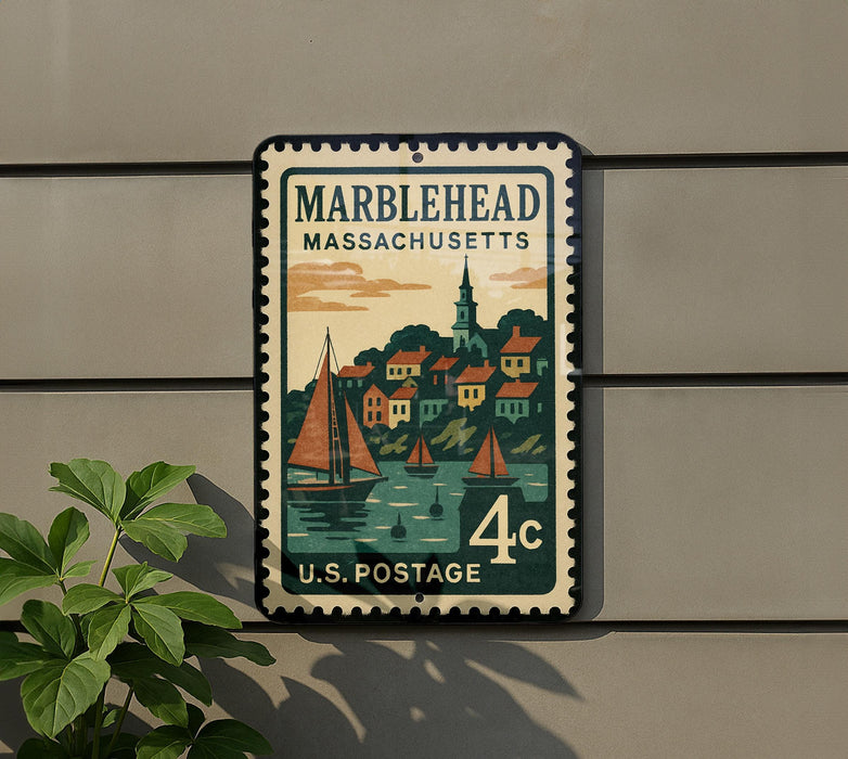 A vintage marblehead Massachusetts postage stamp is displayed on a wall, featuring a sailboat and a town scene.