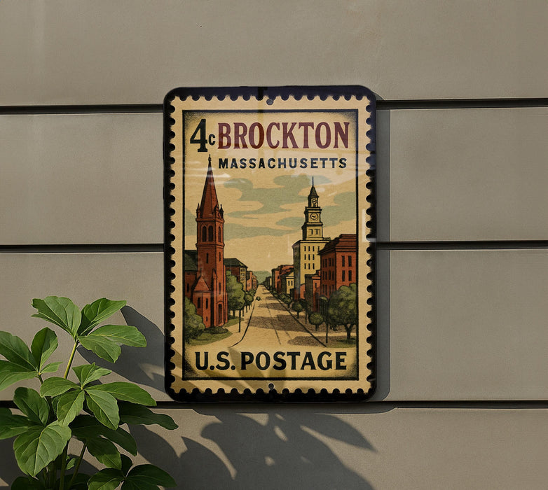 A vintage postage stamp from Massachusetts, featuring a cityscape with a church and buildings, mounted on a wall.