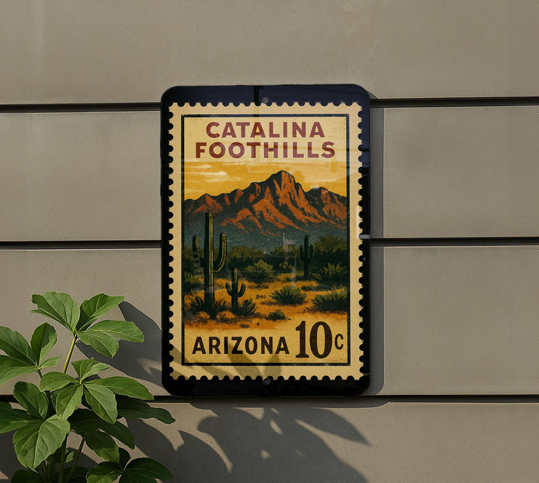 A postage stamp from Catalina Foothills, Arizona, featuring a desert landscape with mountains in the background.
