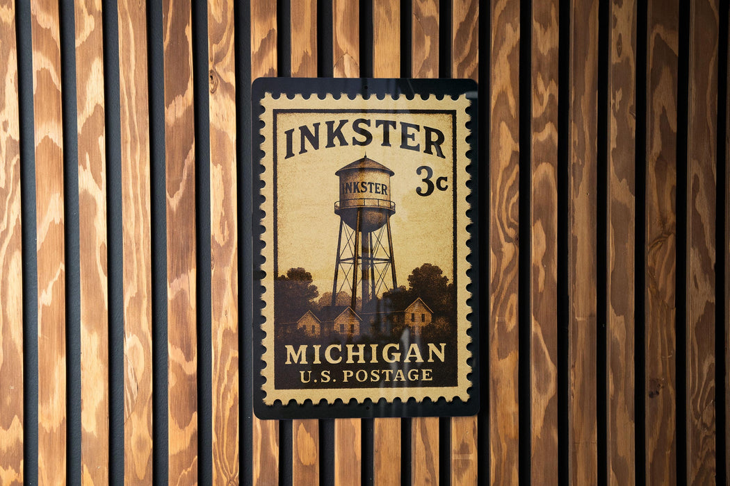 A vintage-style postage stamp featuring a water tower, mounted on a wooden wall.