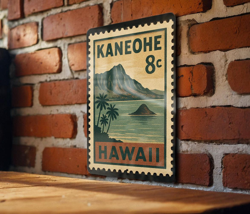 A vintage-style metal sign with a tropical island and palm trees, mounted on a brick wall.